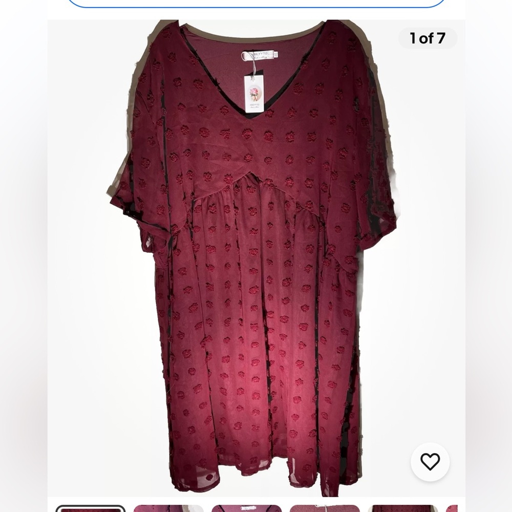 HBEYYTO Maroon Dress With Raised Flowers Short‎ Sleeved V-neck,4XL, Below Knee